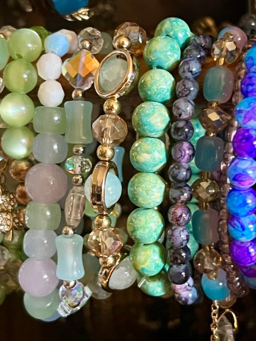 Huge 15-Pc Boho Glass Beaded Bracelet Lot Stack Green Turquoise Purple Pearl